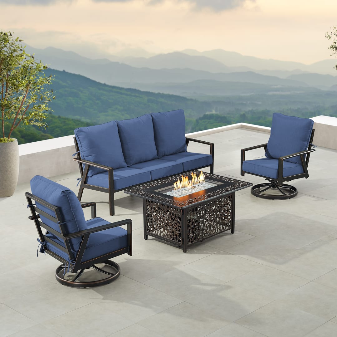 Black Aluminum Patio Fire Table Set with Deep Seating Sofa with Cushion and Two Club Chairs