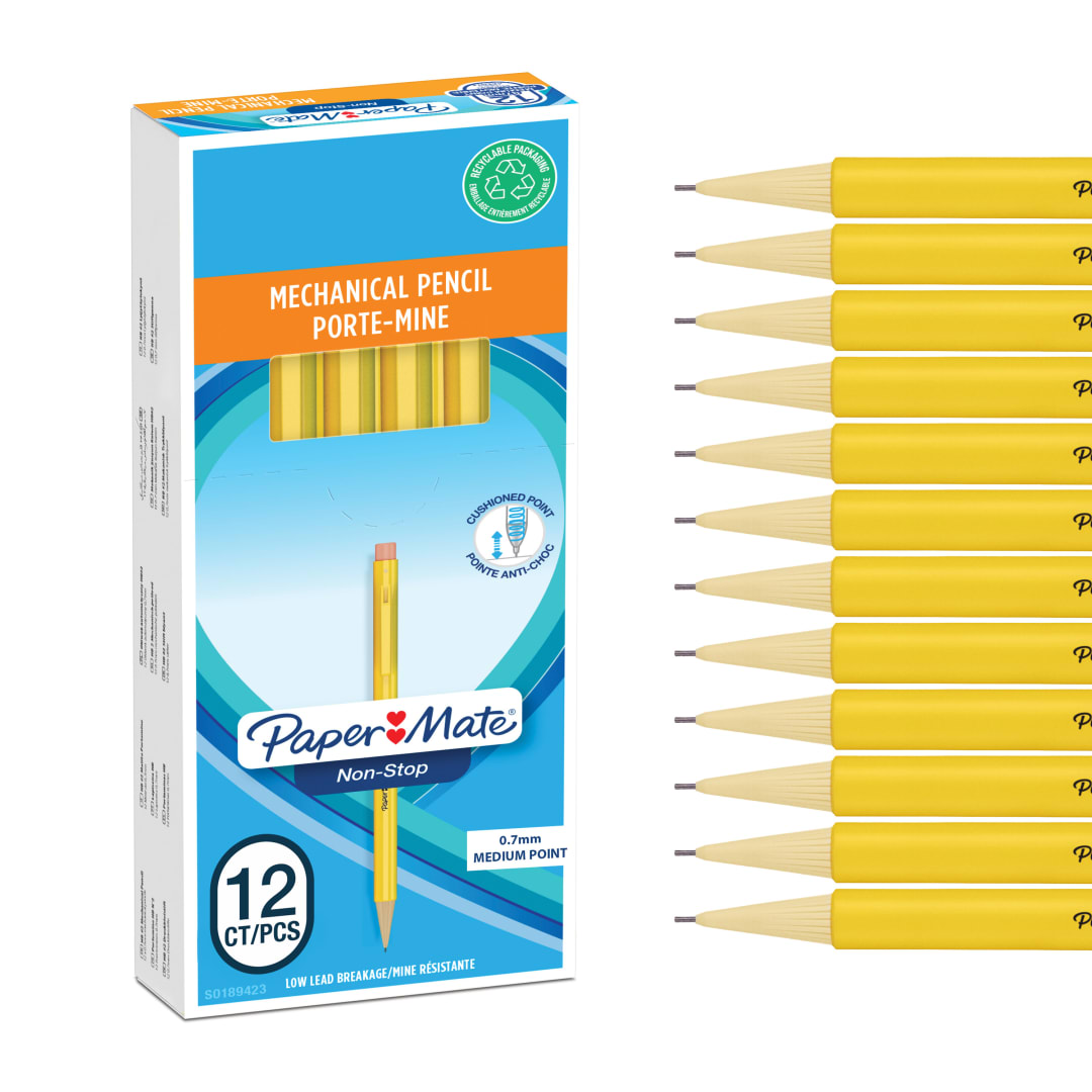 Paper Mate Non-Stop portaminas | 0,7 mm | HB del n.º 2 | cuerpo amarillo | caja de 12