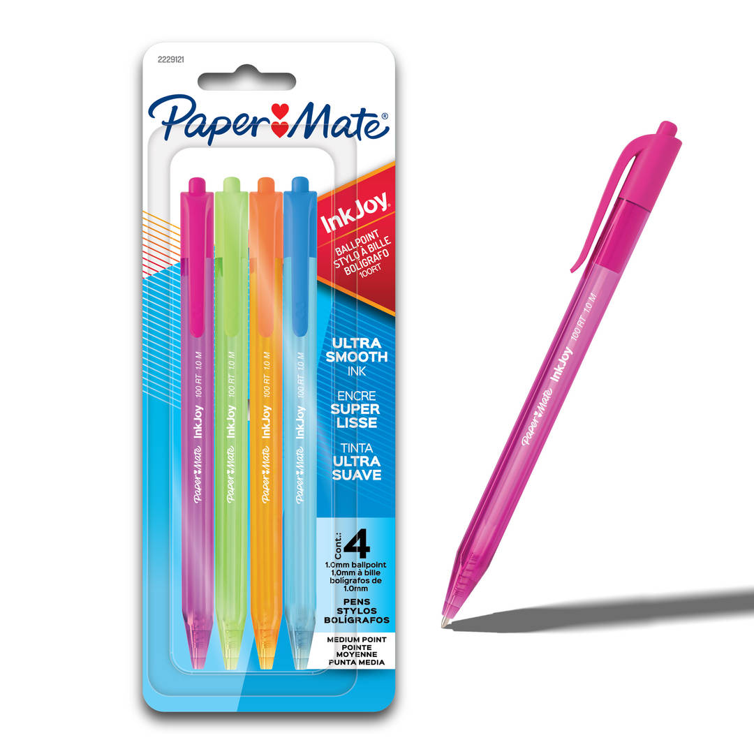 Stylos bille PaperMate InkJoy 100RT, pointe moyenne (1,0mm), couleurs assorties tendance, 4units