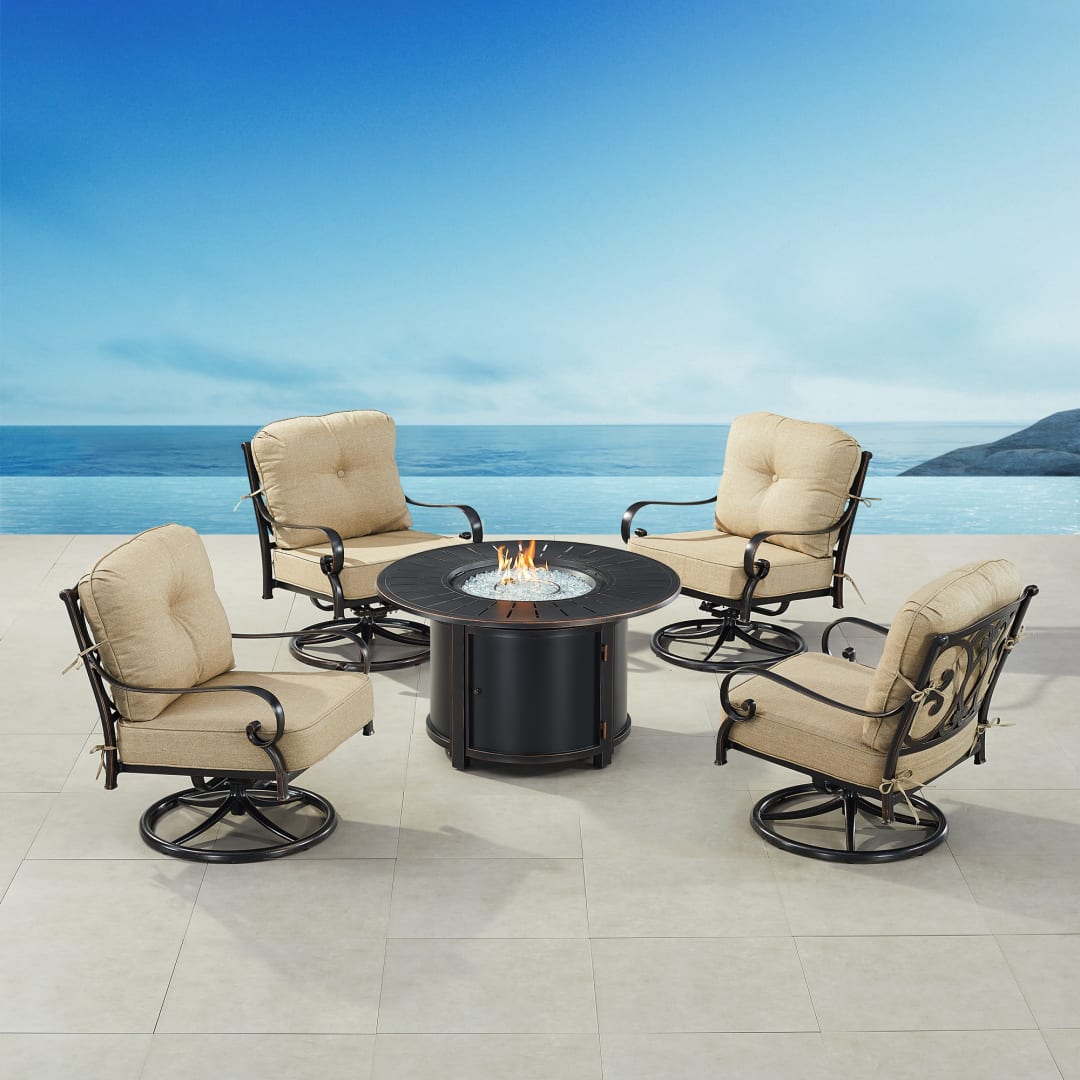 Black Aluminum Patio Fire Table Set with Four Club Chairs