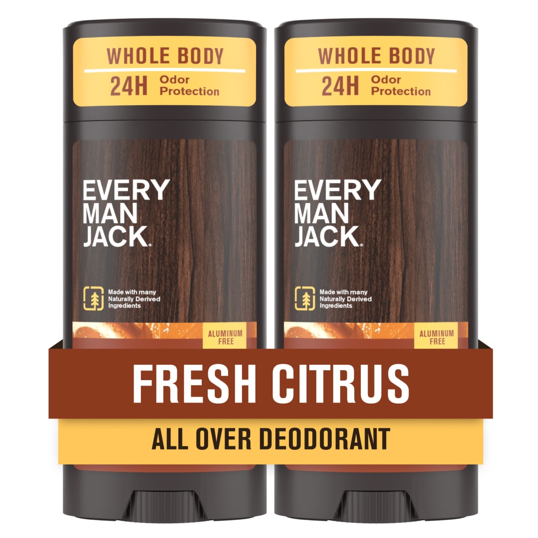 Every Man Jack All Over Deodorant - 24 Hour Whole Body Odor Protection - Aluminum Free - Fresh Citrus Scent 2.6 oz (2 Pack)