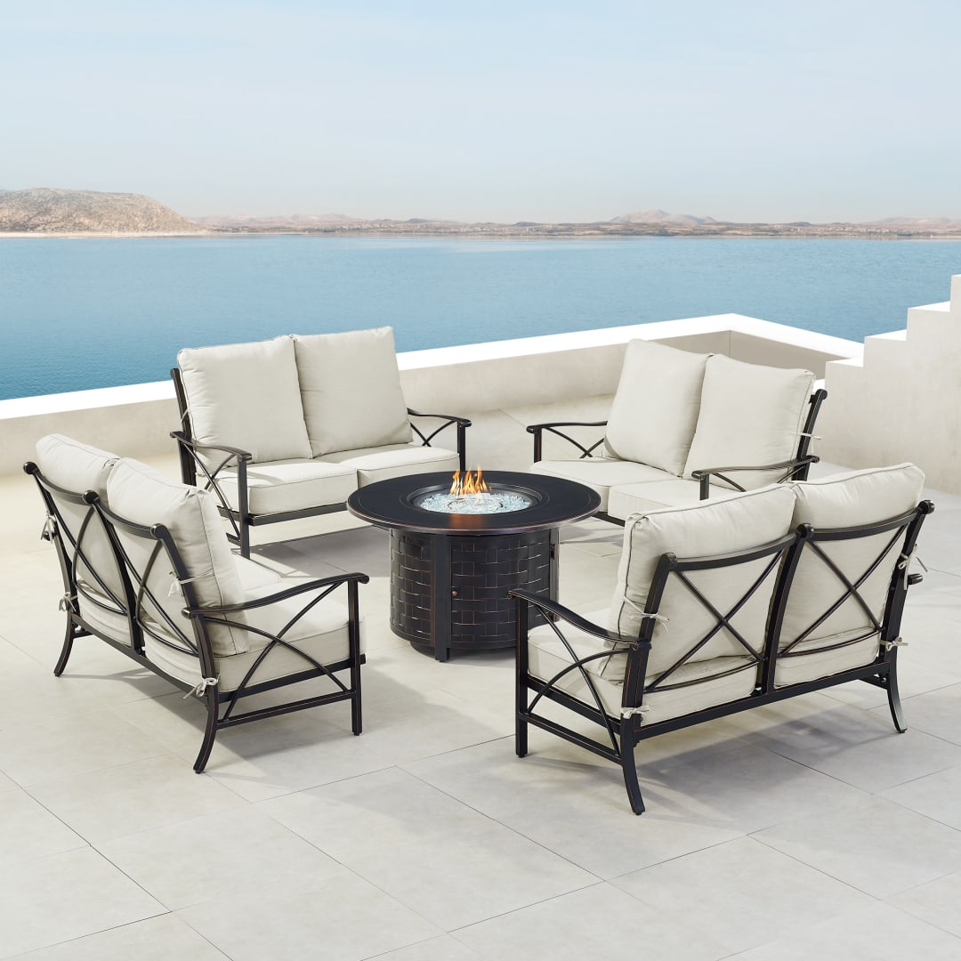 Black Aluminum Patio Fire Table Set with Four Deep Seating Loveseat with Cushions