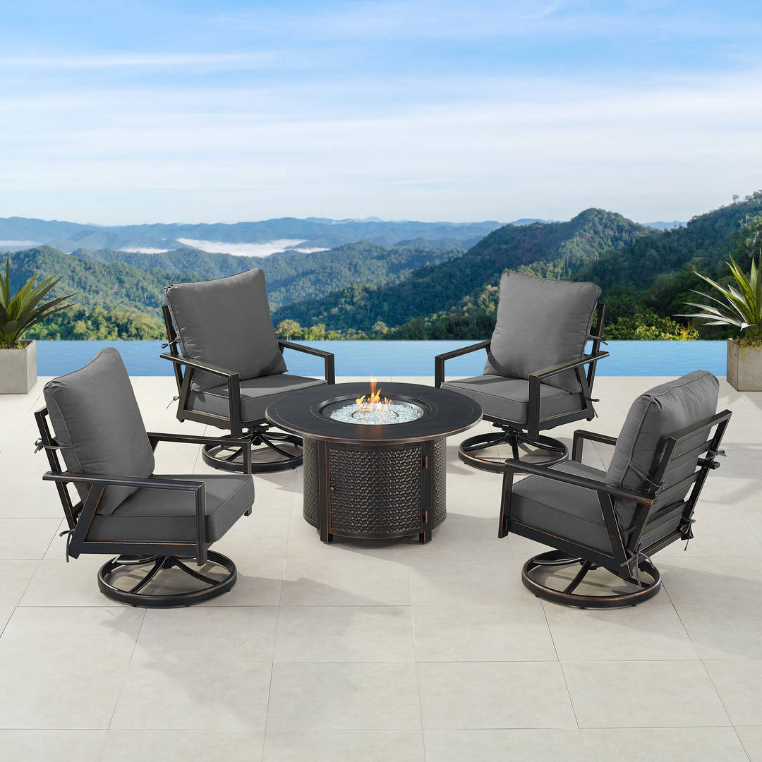 Black Aluminum Patio Fire Table Set with Four Club Chairs