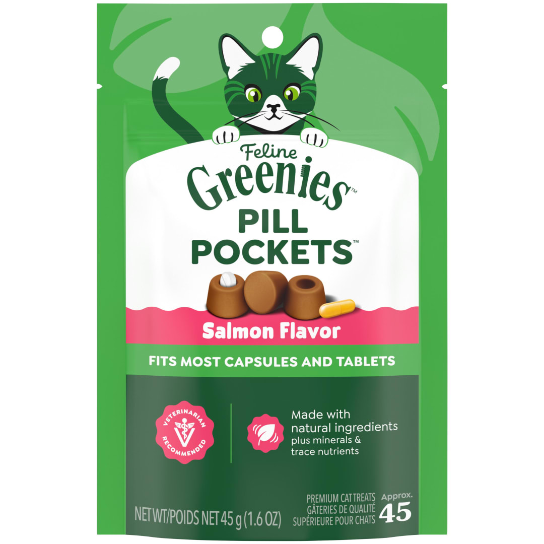 FELINE GREENIES PILL POCKETS for Cats Natural Soft Cat Treats, Salmon Flavor, 1.6 oz. Pack (45 Treats)