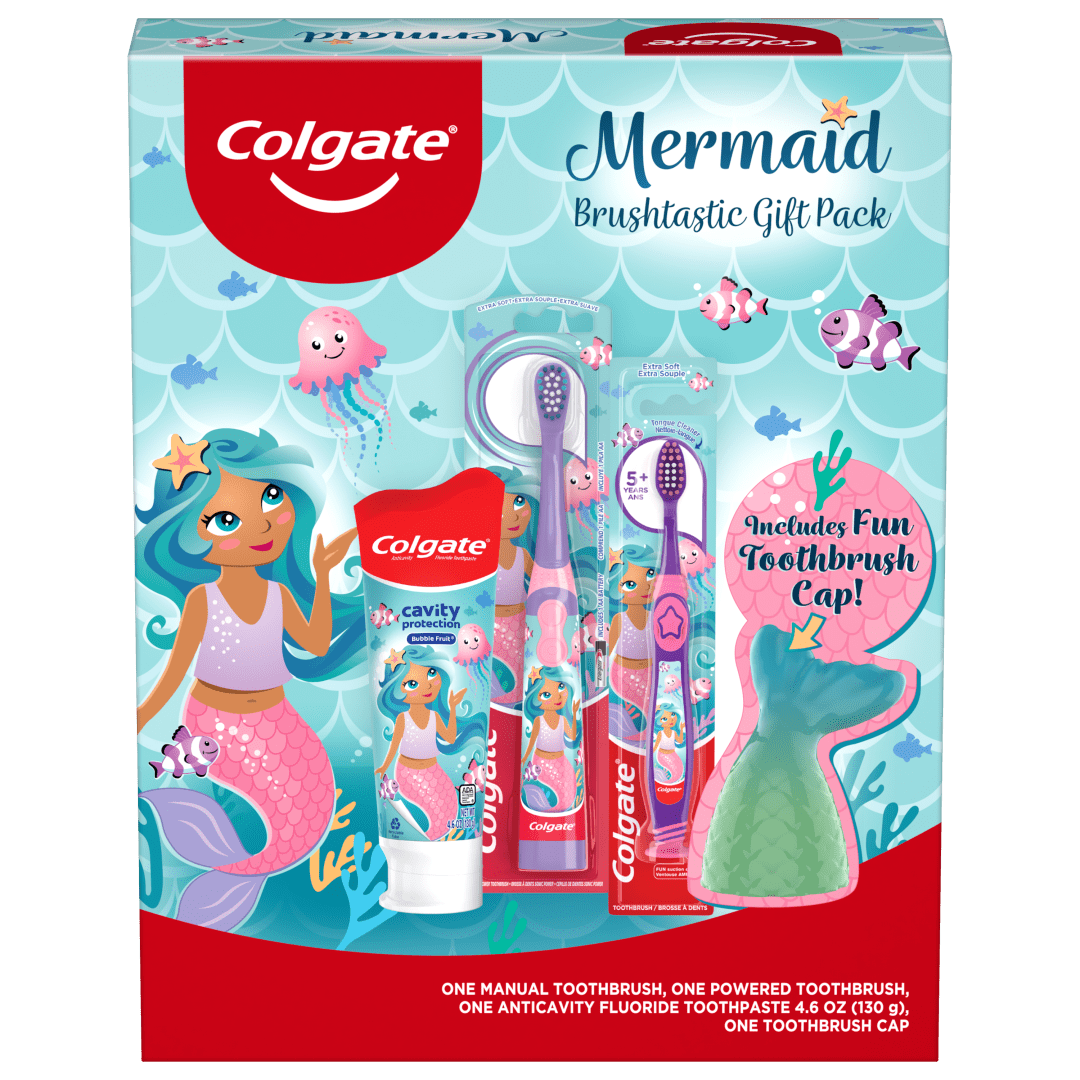 Colgate Kids Toothbrush Set with Toothpaste, Mermaid Gift Set, 1 manual toothbrush, one powered tootbrush and one Toothpaste