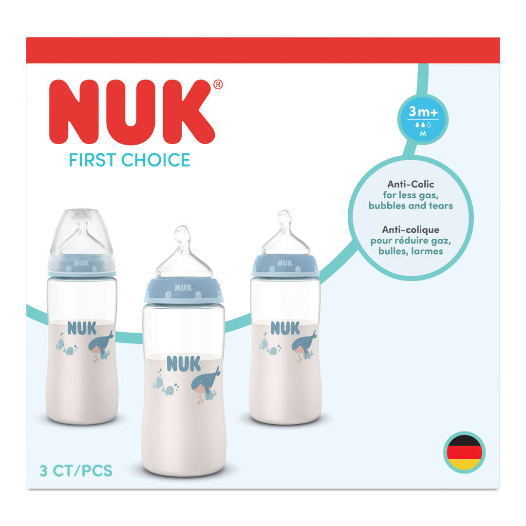 NUK First Choice Baby Bottles, 3+ Months, 300 ml, Anti Colic Feeding Bottle, Plastic, Temperature Control Indicator, Whale, 3 Count
