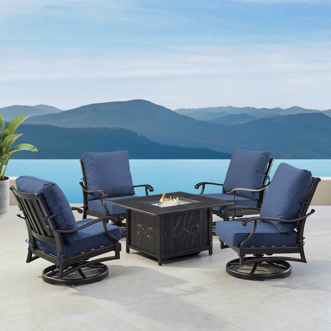 Black Aluminum Patio Fire Table Set with Four Club Chairs