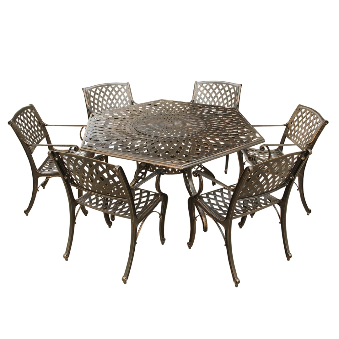 Contemporary Modern Outdoor Mesh Lattice Aluminum 63 inch Bronze Hexagon Dining Set with Lazy Susan and Six Chairs