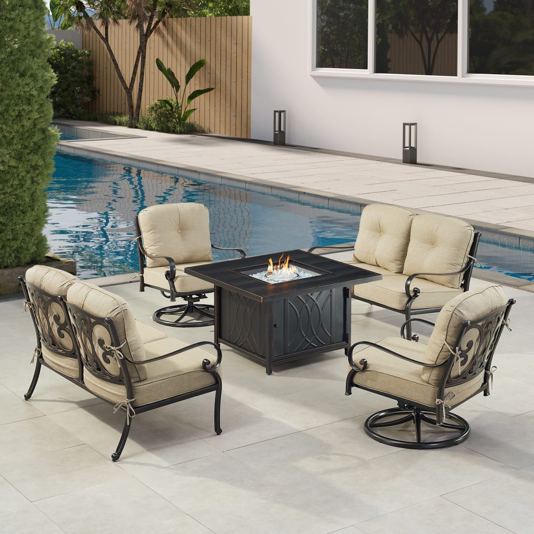 Black Aluminum Patio Fire Table Set with Two Deep Seating Loveseat with Cushions and Two Club Chairs