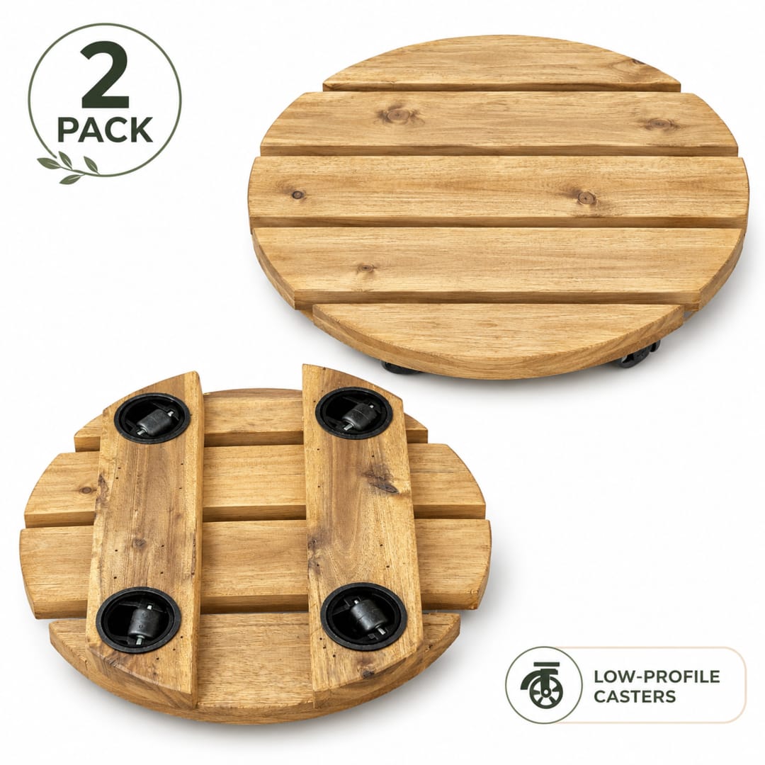 Modern Indoor/Outdoor 12 in. Golden Teak Acacia Wood Round Rolling Plant Caddy, 2-Pack
