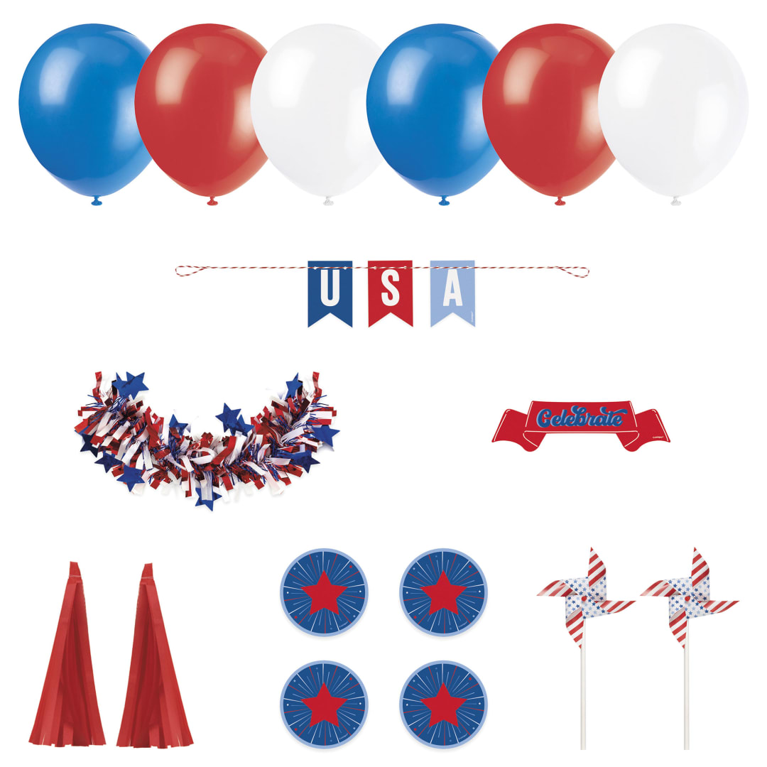 Patriotic USA Parade Decorating Kit with Pinwheels, Garland, Latex Balloons and more, 17pc