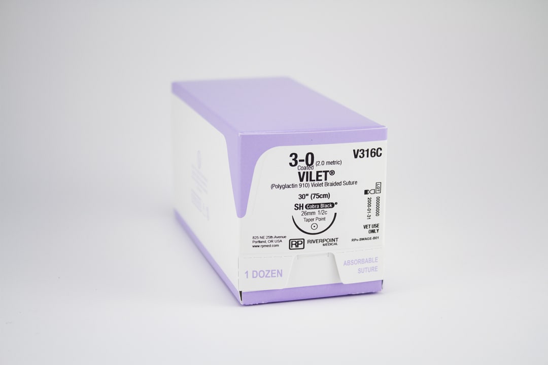 Vilet PGLA Suture, USP 3-0 with 26mm SH Taper Point 1/2 Circle Cobra Black Needle, Violet, 75cm, Sterile