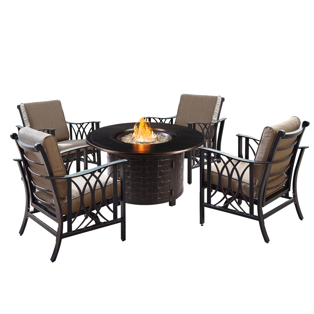 Aluminum 44-in Round Antique Copper Fire Table Set with Four Deep Seating Rocking Chairs, Fire Beads, Lid, Propane Tank Cover and Table Fabric Covers