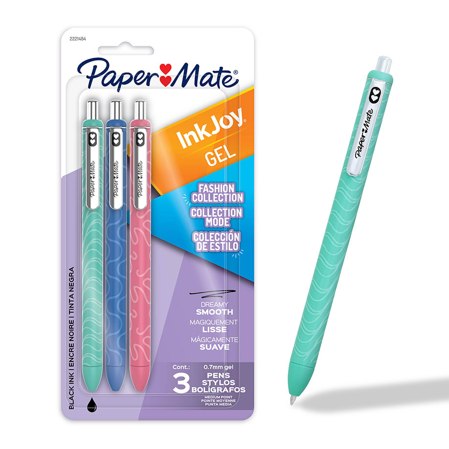 Bolígrafos Paper Mate InkJoy Gel , Colección de Estilo, Retráctil, Punta Media (0.7mm), Negro, 3 Piezas