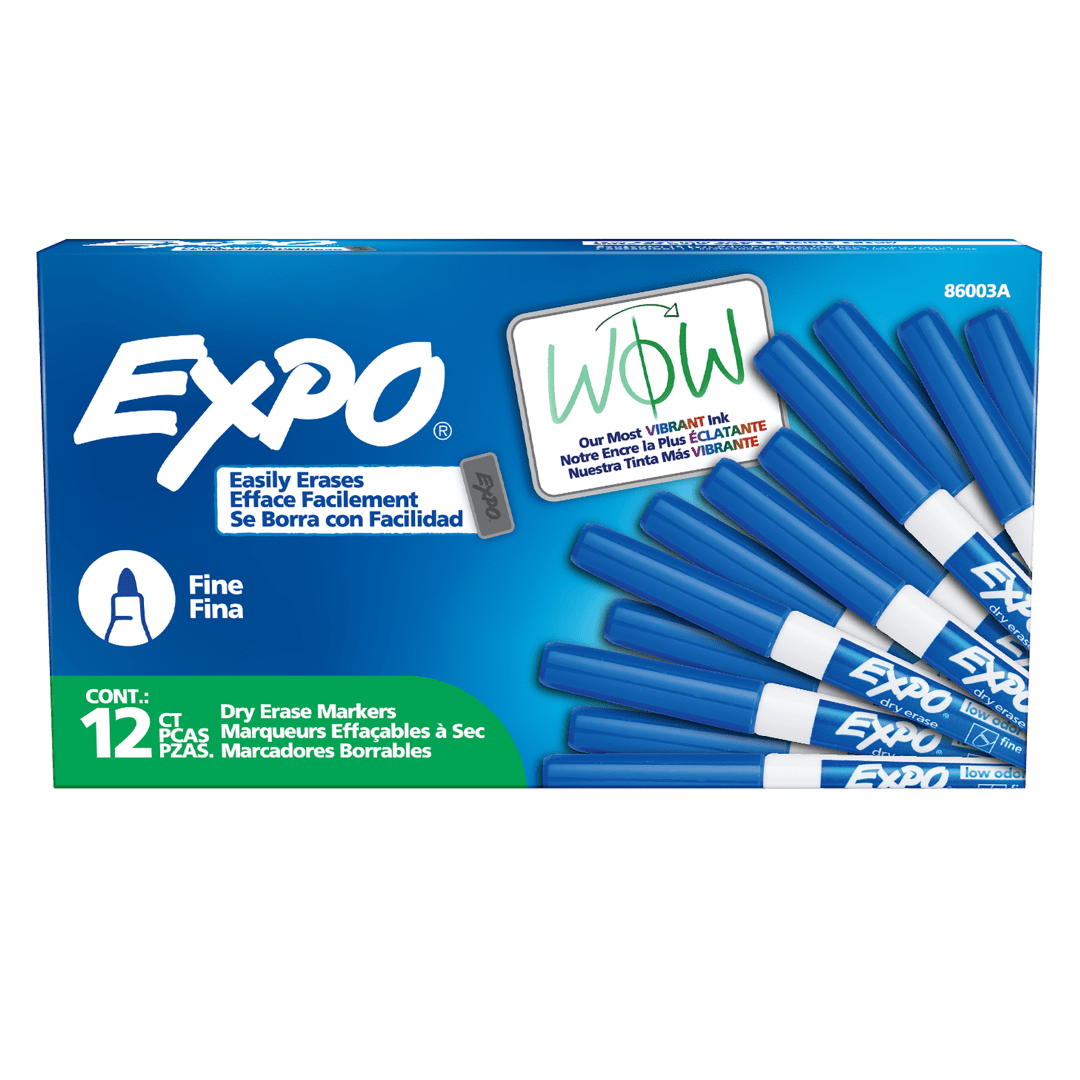 EXPO®Dry Erase Markers, Low Odor Ink, Blue, Fine Tip, 12 Count