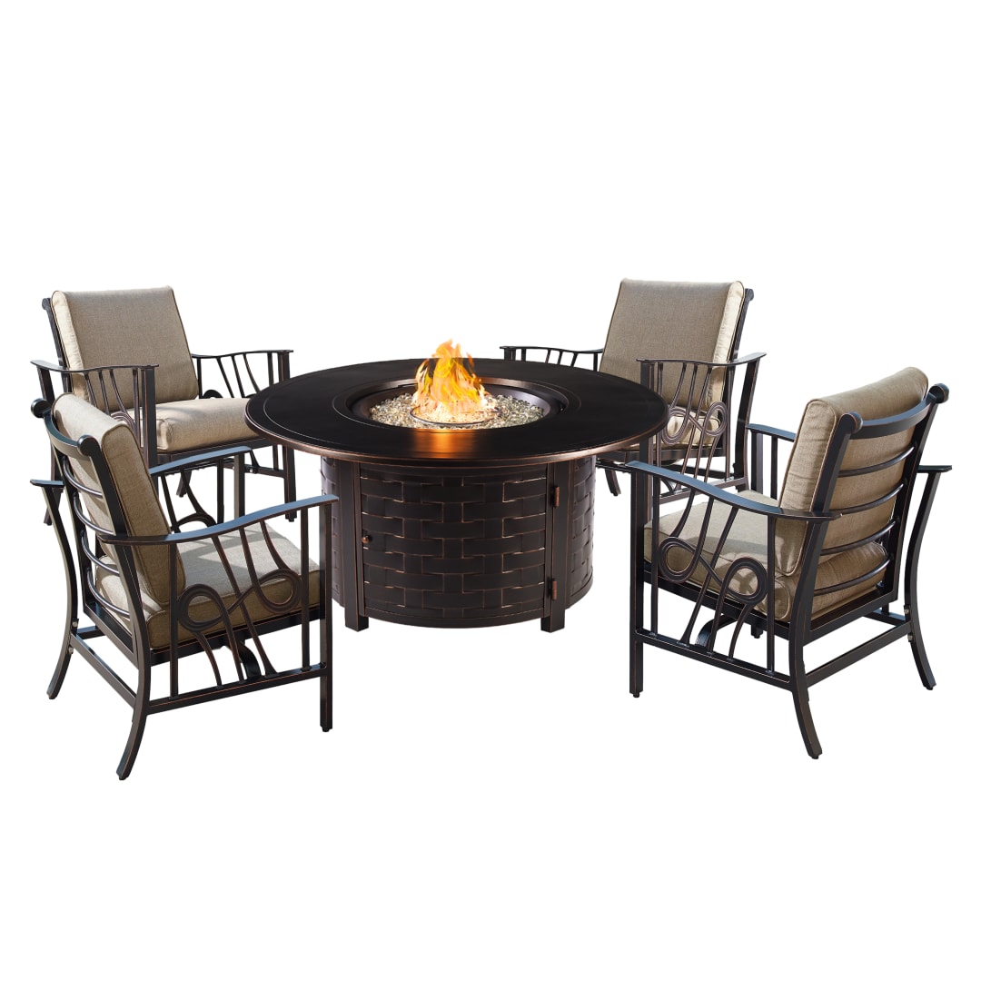 Aluminum 44-in Round Antique Copper Fire Table Set with Four Deep Seating Rocking Chairs, Fire Beads, Lid, Propane Tank Cover and Table Fabric Covers