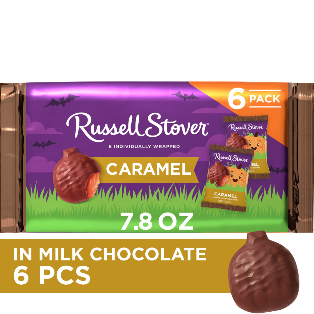 RUSSELL STOVER Halloween Milk Chocolate Caramel Candy Bar Pumpkin 6 Pack, 7.8 oz.