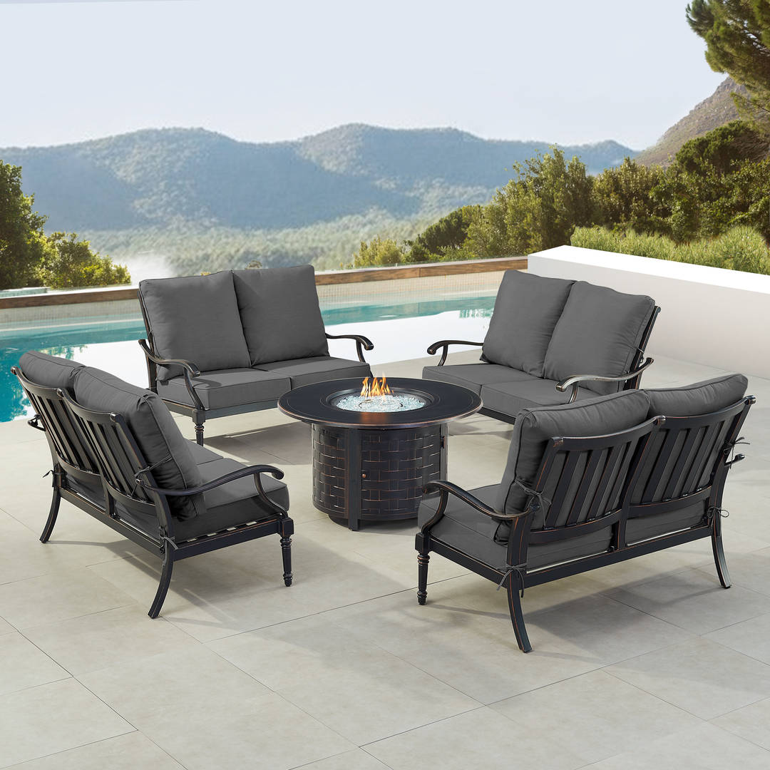 Black Aluminum Patio Fire Table Set with Four Deep Seating Loveseat with Cushions
