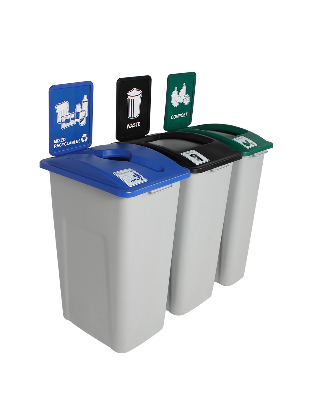WASTE WATCHER - Triple - Kit - Xl - Mixed Recyclables-Compost-Waste - Mixed-Full - Grey-Blue-Green-Black