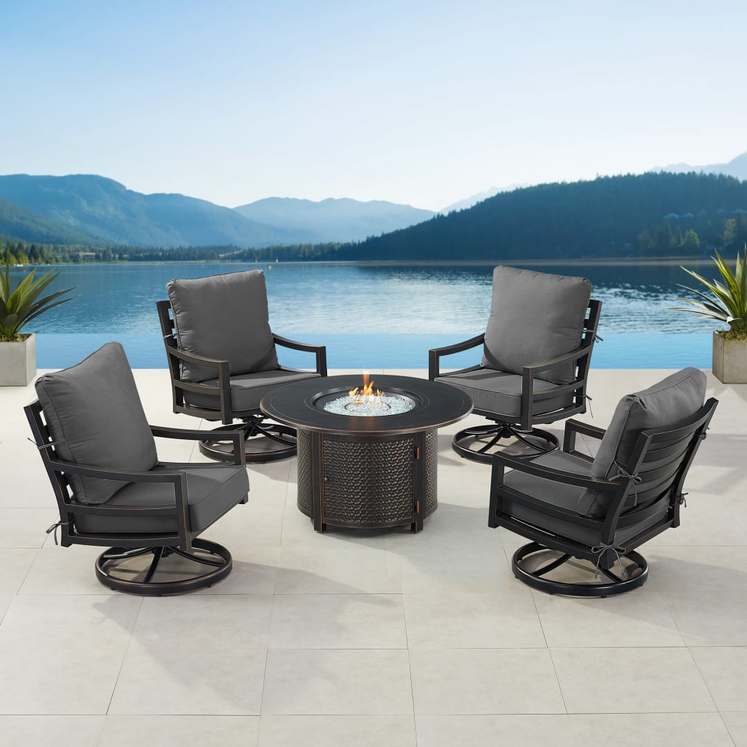 Black Aluminum Patio Fire Table Set with Four Club Chairs