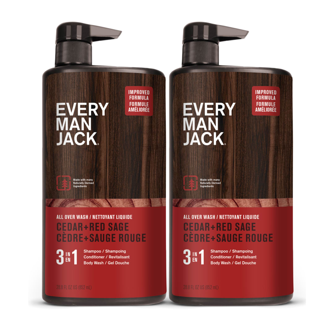 Every Man Jack Cedar + Red Sage Hydrating Mens 3-in-1 All Over Wash for All Skin and Hair Types - Body Wash, Shampoo and Conditioner with Naturally Derived Ingredients - 28.8oz (2 Pack)