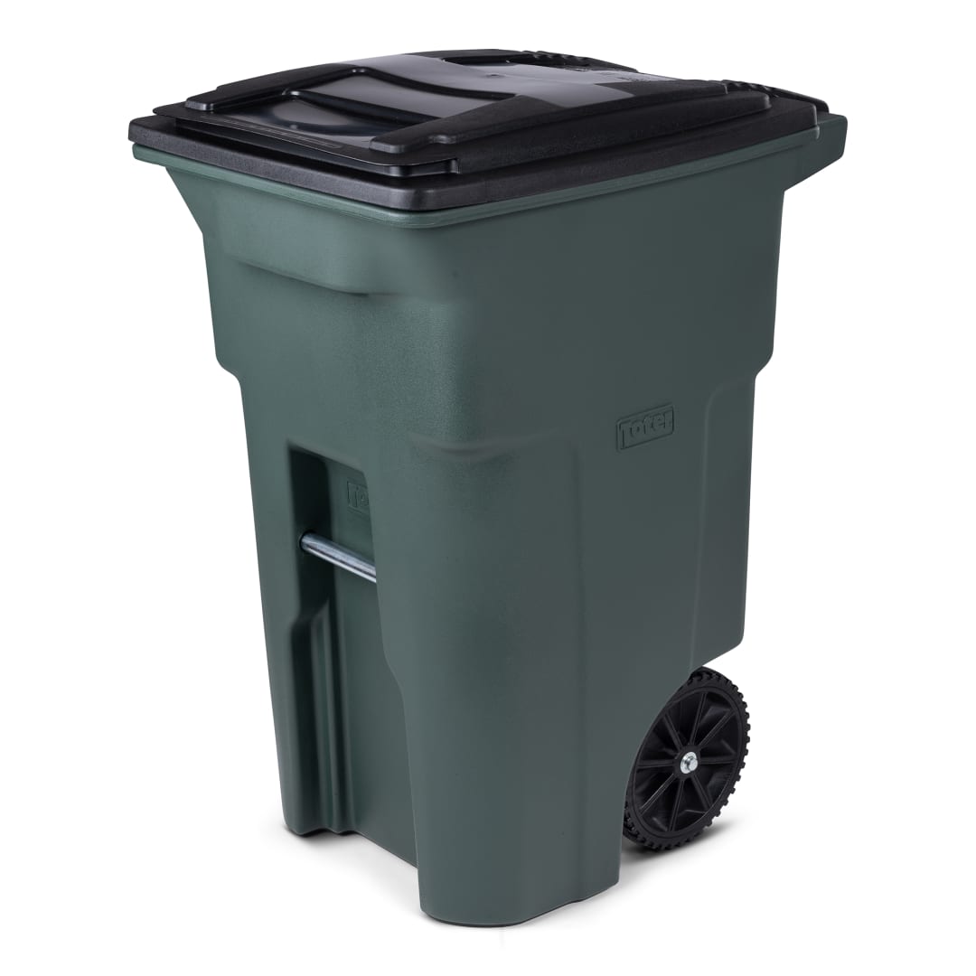 64 Gal. Green Trash Can with Wheels and Attached Lid