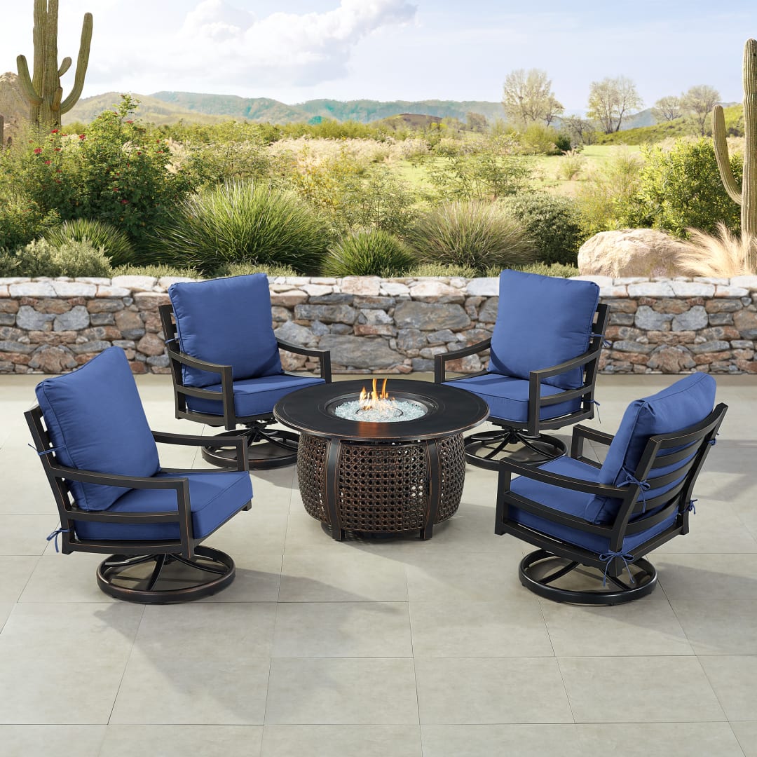 Black Aluminum Patio Fire Table Set with Four Club Chairs