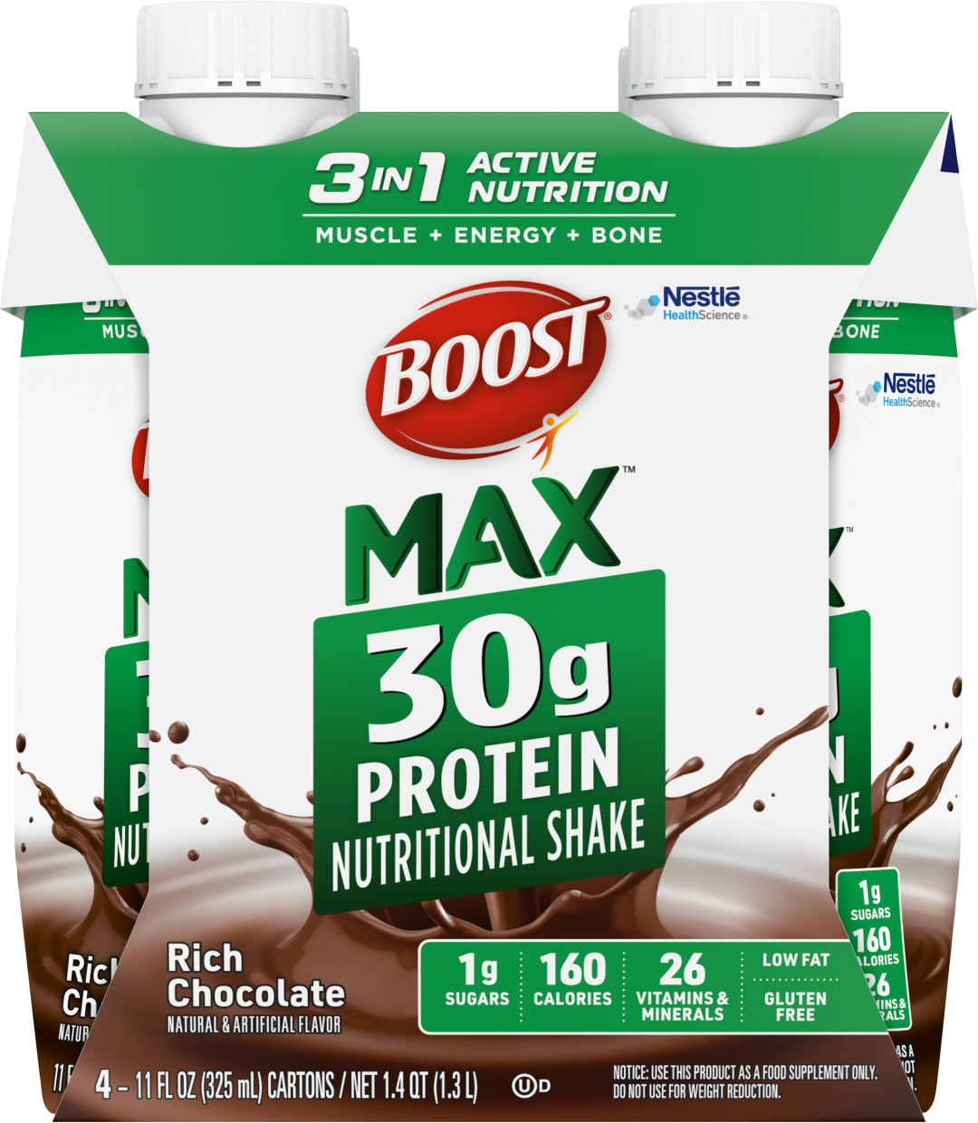 BOOST Max 30g High Protein Nutritional Drink Shakes, Rich Chocolate, 11 fl oz, 4 Pack