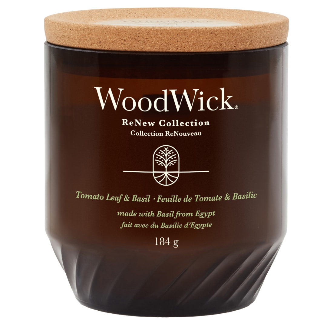 WoodWick ReNew Vela perfumada mecha crepitante | Vela mediana con aroma a hoja de tomate y albahaca | Mezcla de cera de soja y coco de origen vegetal | Regalo perfecto para mujeres