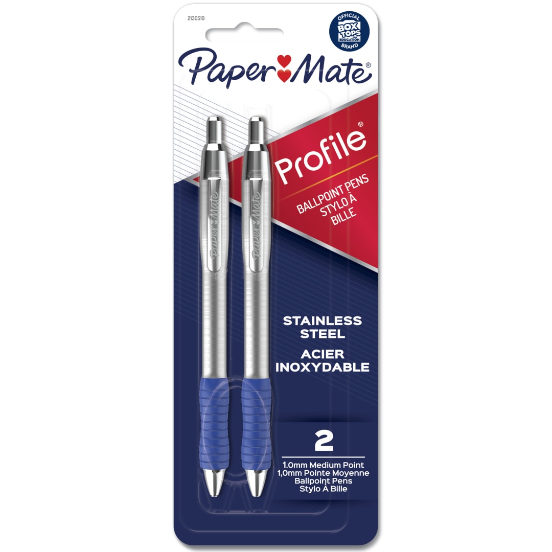 Paper Mate® Profile® Ballpoint Pens, Retractable Pen with Stainless Steel Barrel, 1.0 mm, Blue Ink, 2 Count