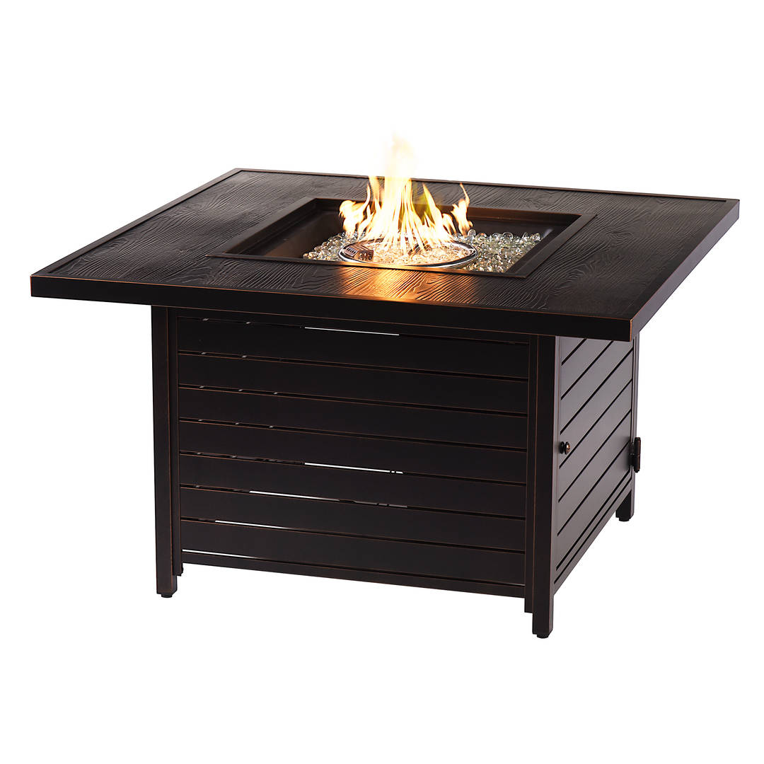 Square 42 in. x 42 in. Aluminum Propane Fire Pit Table with Glass Beads, Two Covers, Lid, 55,000 BTUs in Copper Finish
