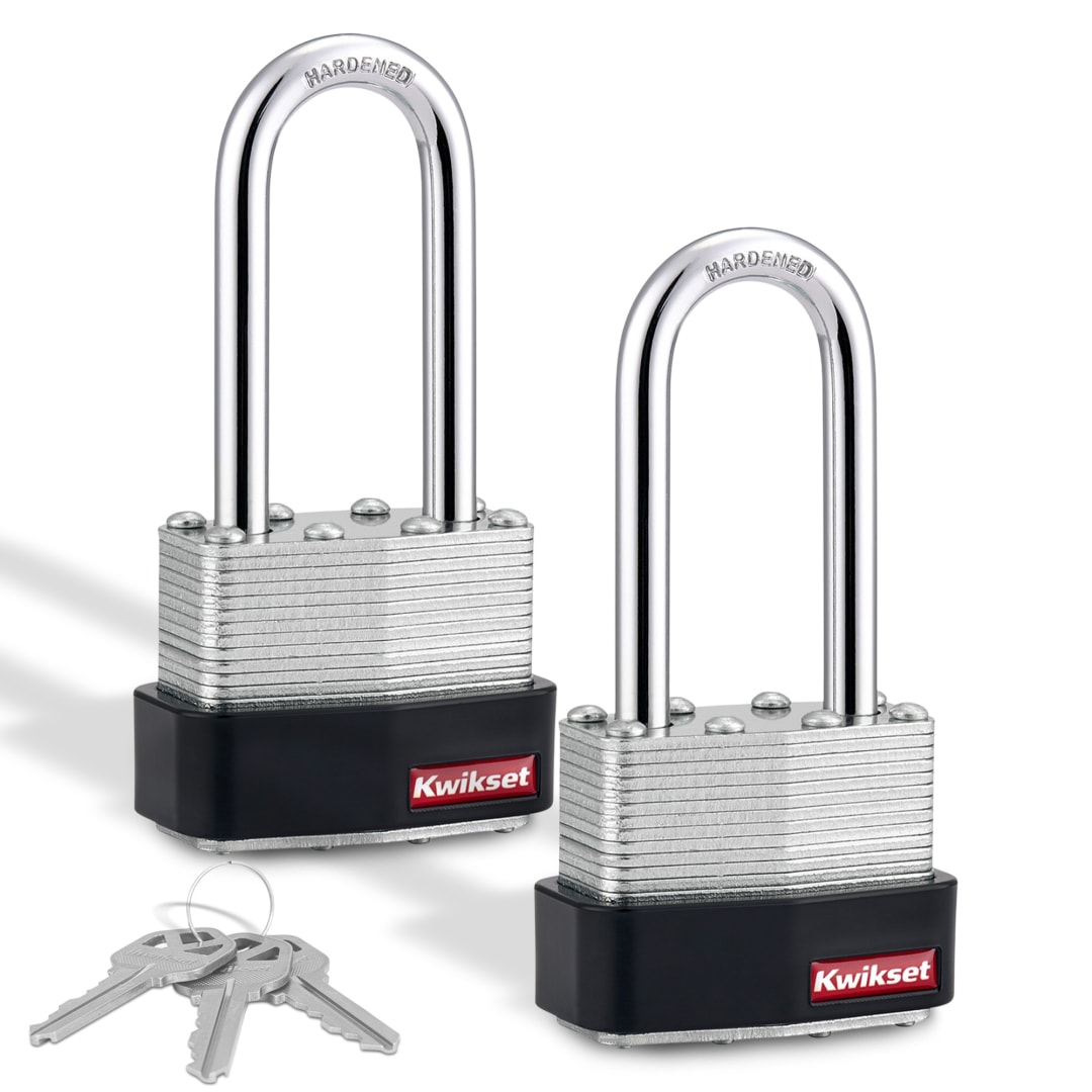 Kwikset Laminated Steel Padlock with Hardened Steel Shackle, 1-3/4 in Body, 2 in Shackle, 2 Pack