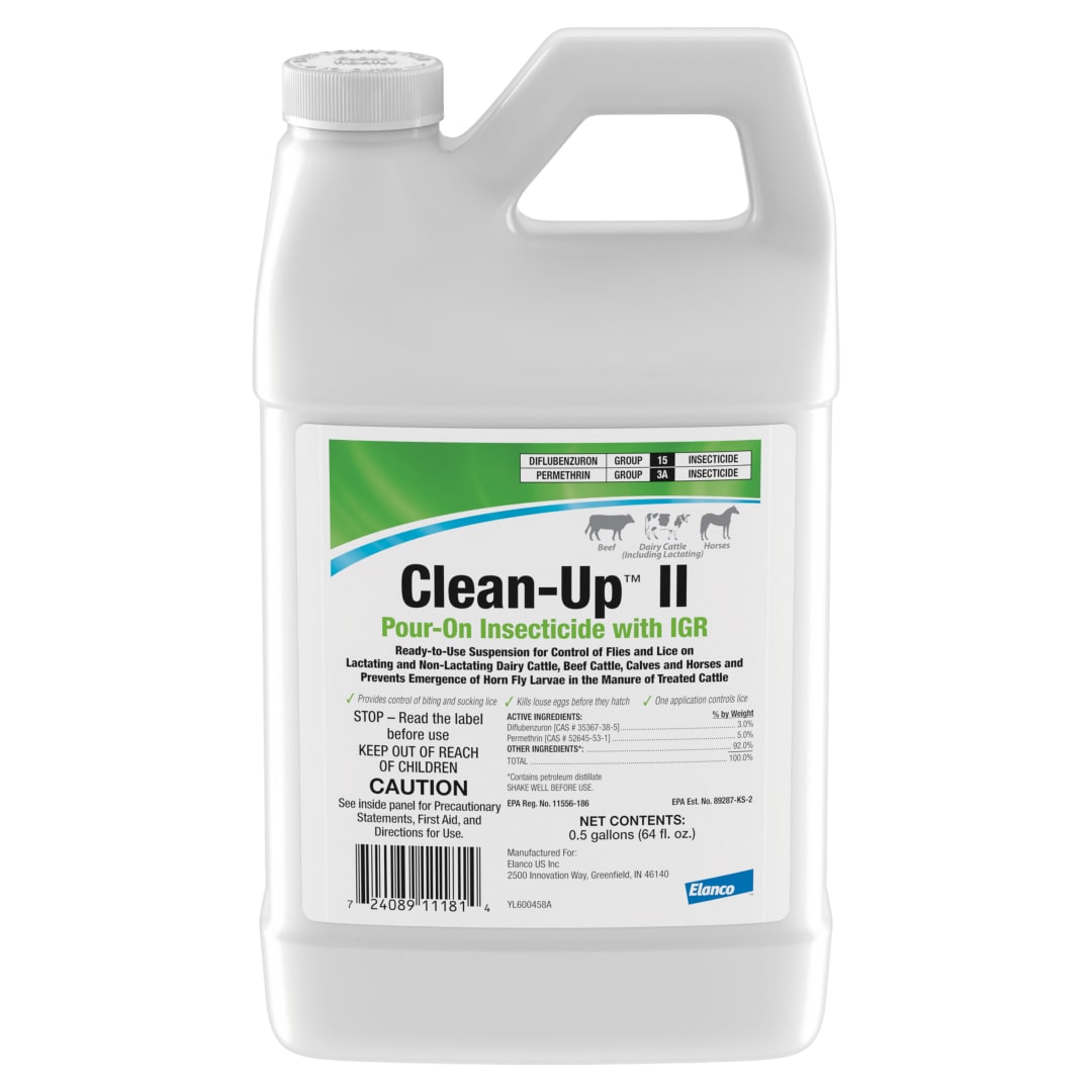 Clean-Up II Pour-On Insecticide With IGR | Controls Flies, Ticks & Lice | Pour-On Application | 0.5 Gal