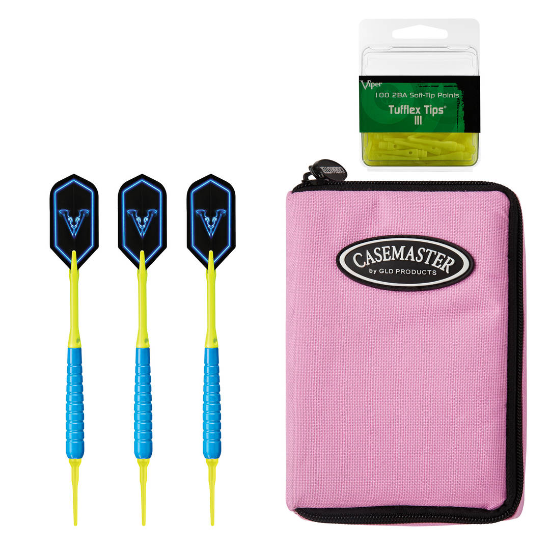 Viper V-Glo Blue 18 Gram Soft Tip Darts, Casemaster Select Pink & Viper 2BA Tufflex III Tips - Neon Yellow 100 ct Box