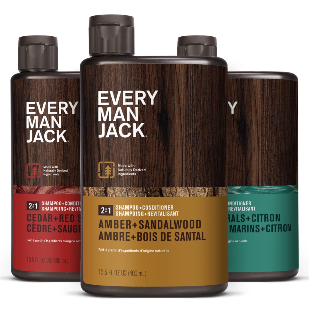 Every Man Jack Men's 2-in-1 Daily Shampoo + Conditioner Variety Pack - Includes 3  Outdoor Inspired Scents Scents - Amber + Sandalwood, Cedar + Red Sage, Sea Minerals + Citron, 13.5 oz (3 Pack)