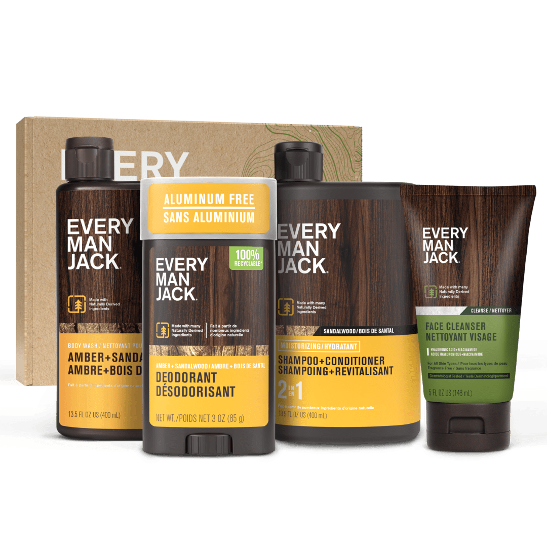 Every Man Jack Men's Bath and Body Gift Set - Amber + Sandalwood Scent - Clean Ingredients - Includes Hydrating Body Wash, 2-in-1 Shampoo, Aluminum-free Deodorant & Face Wash