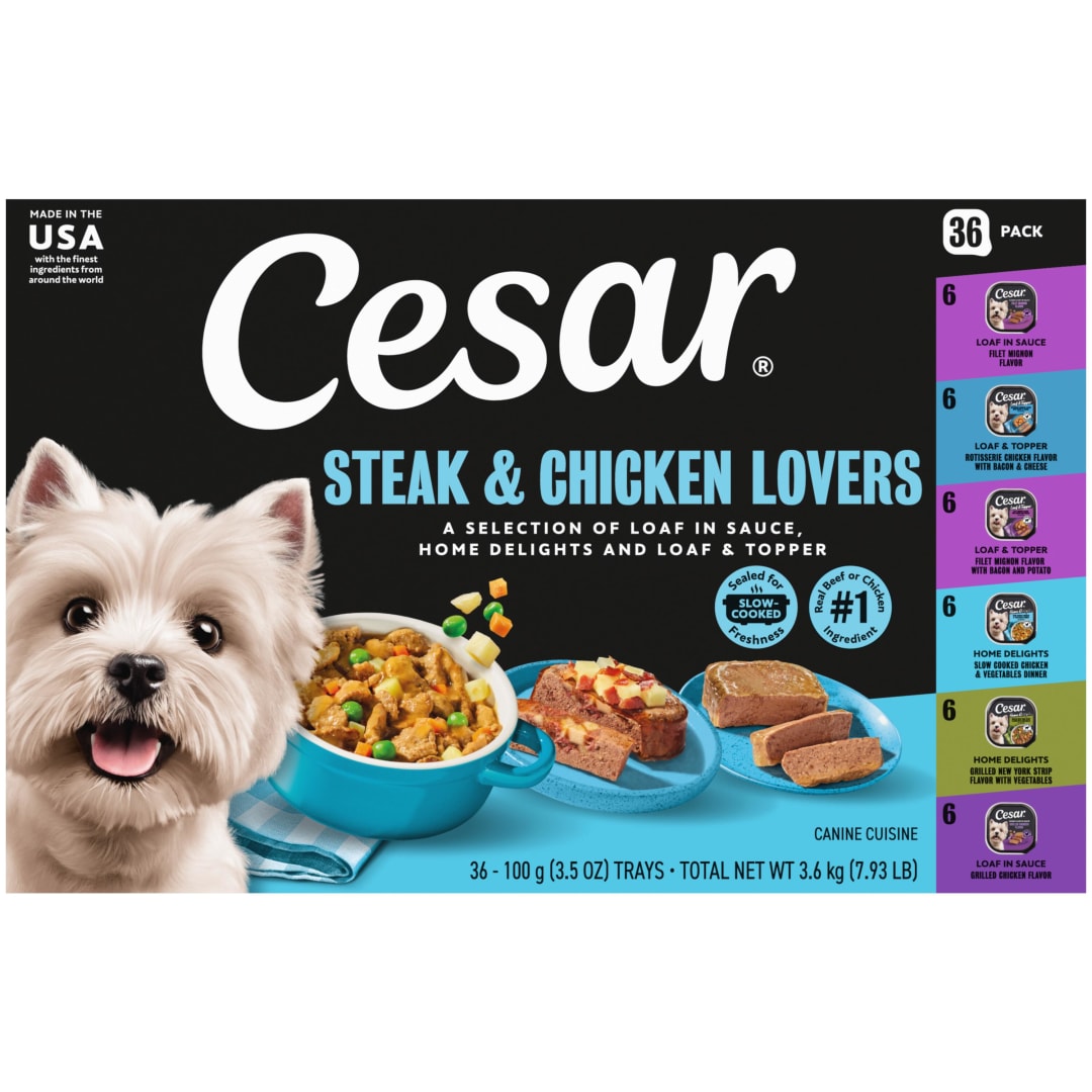 CESAR Wet Dog Food Steak and Chicken Lovers Variety Pack with Real Meat or Real Chicken, (36) 3.5 oz. Easy Peel Trays