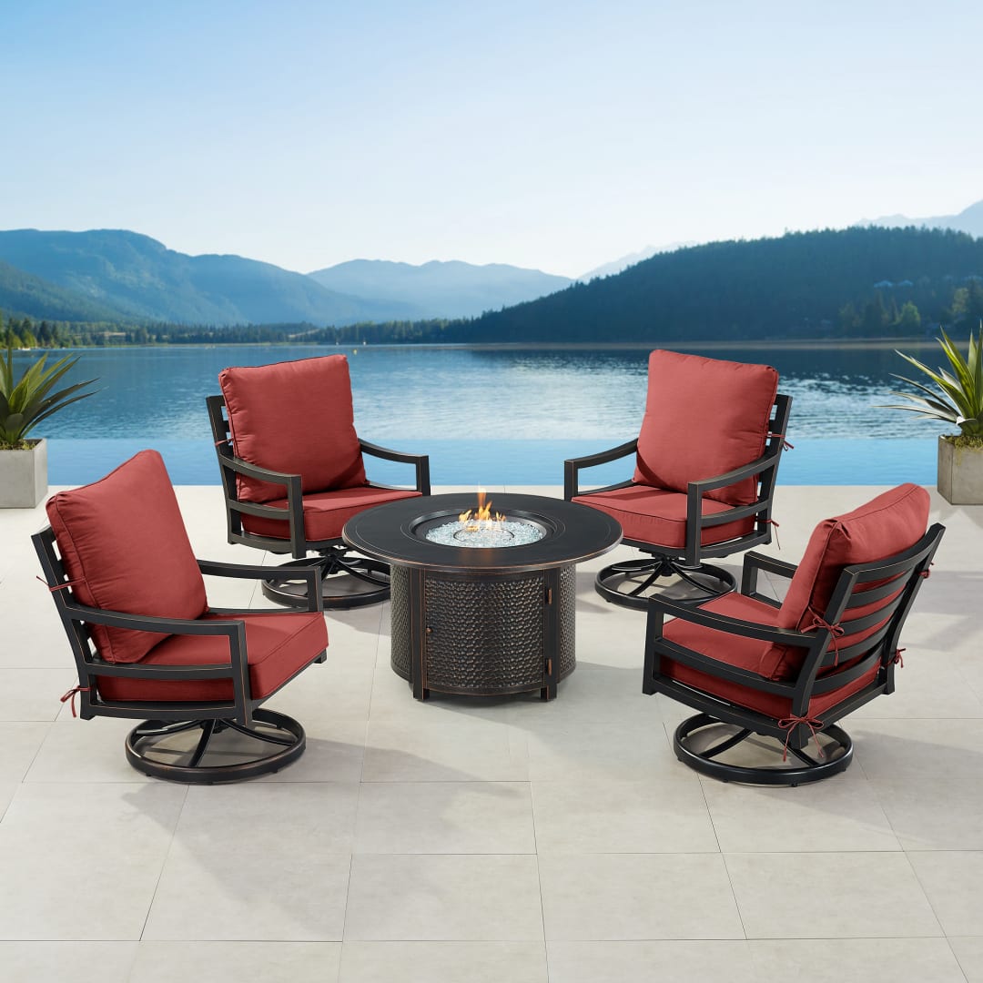 Black Aluminum Patio Fire Table Set with Four Club Chairs