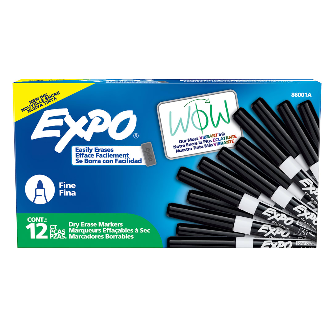 EXPO Dry Erase Markers, Low Odour Ink, Black, Fine Tip, 12 Count