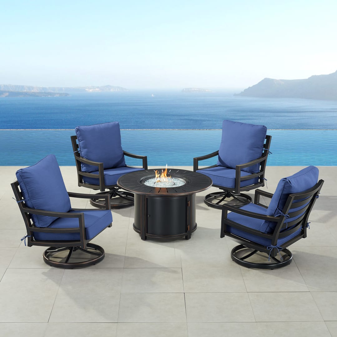 Black Aluminum Patio Fire Table Set with Four Club Chairs