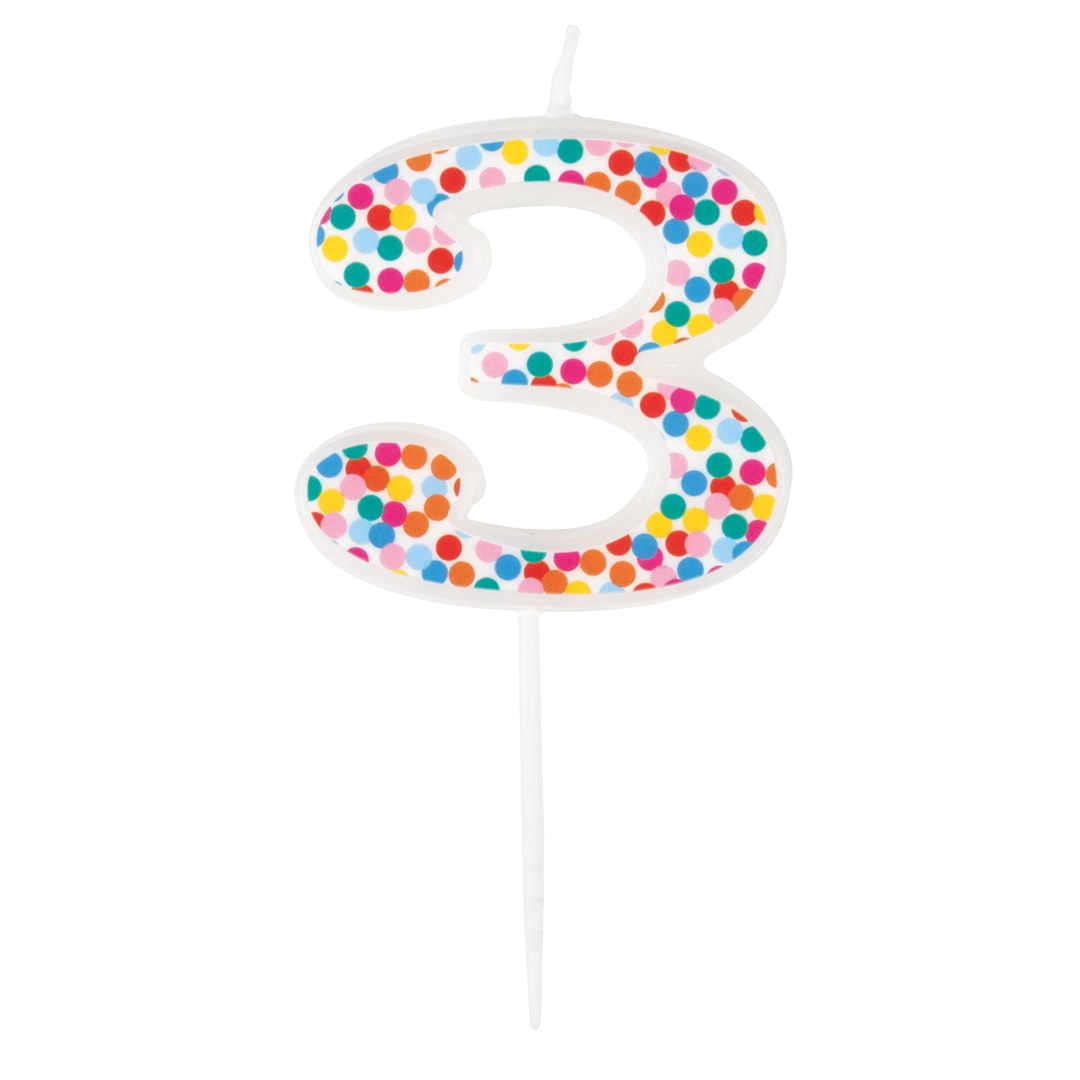 Packed Party Number 3 Confetti Patterned White Pick Birthday Candle