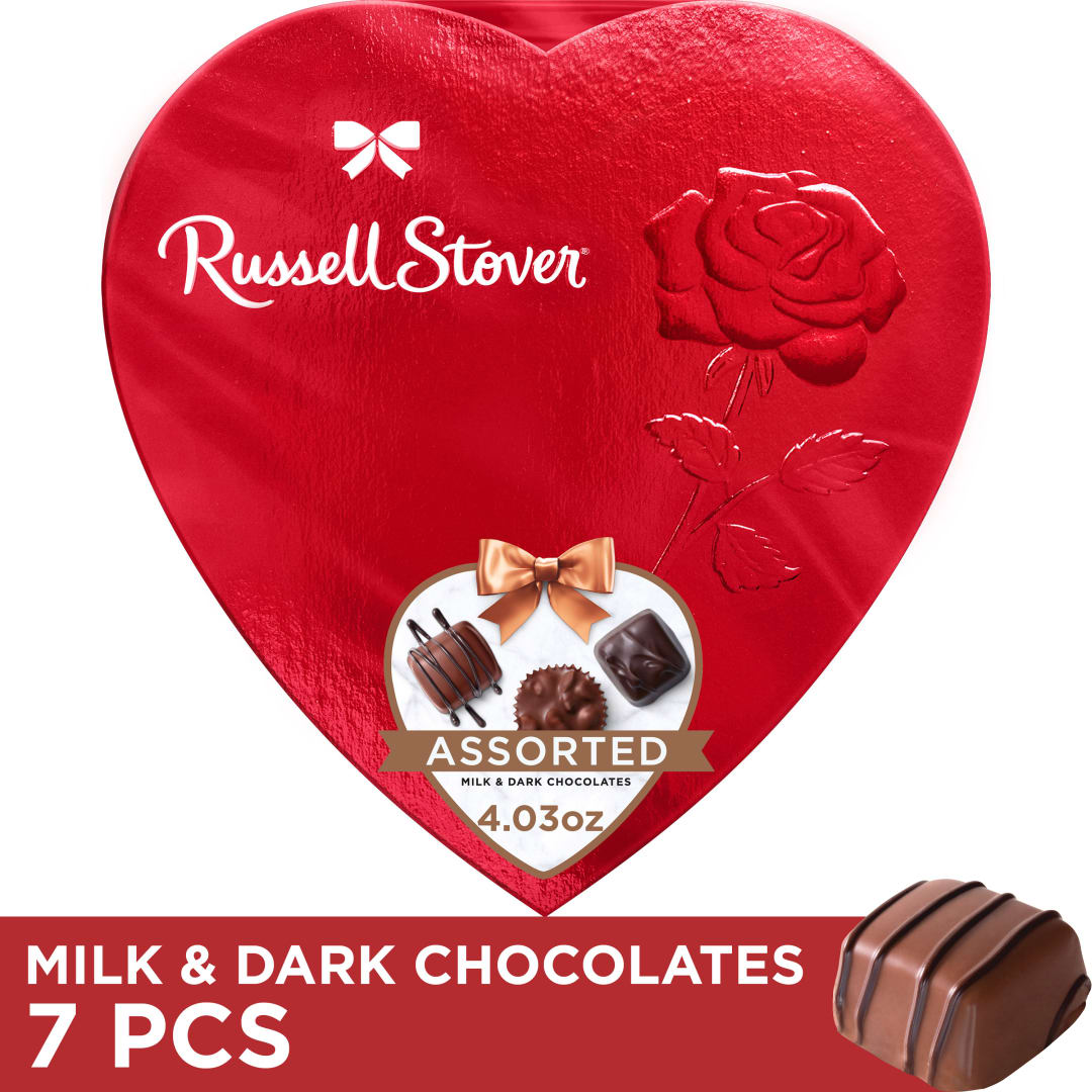 RUSSELL STOVER Valentine's Day Red Foil Heart Assorted Milk & Dark Chocolate Candy Gift Box, 4.03 oz.
