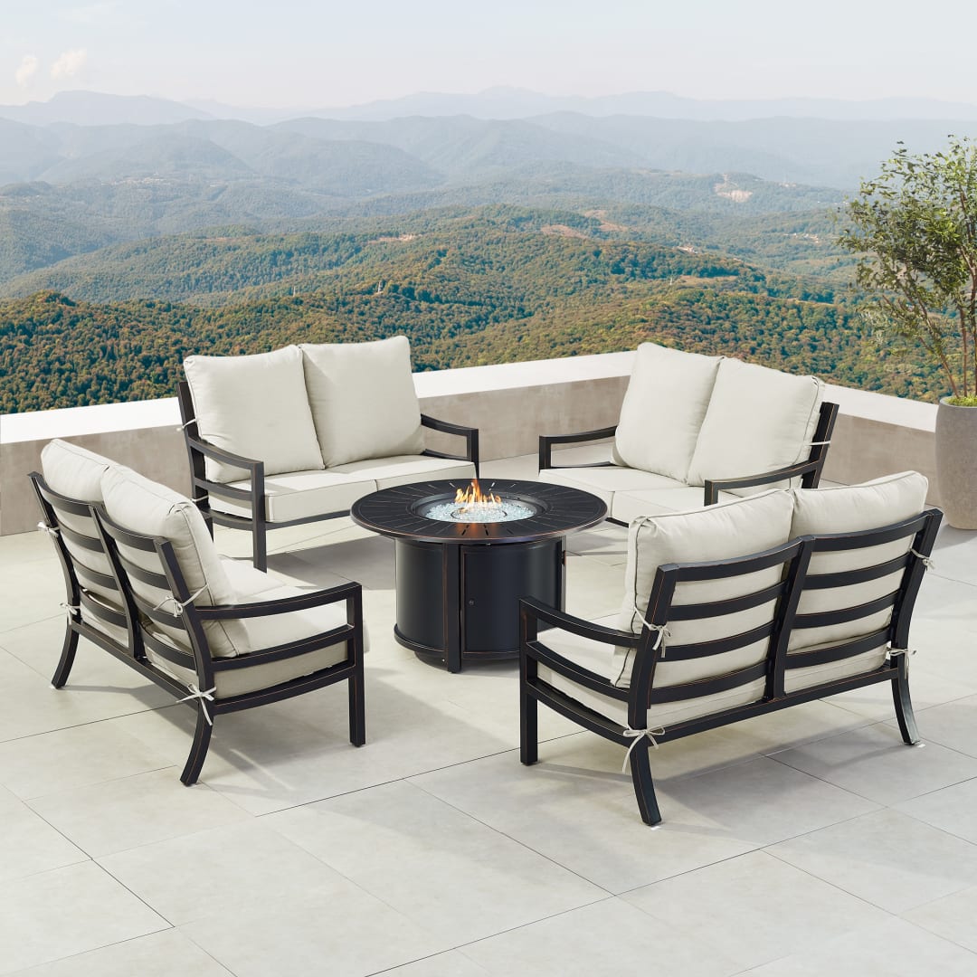 Black Aluminum Patio Fire Table Set with Four Deep Seating Loveseat with Cushions