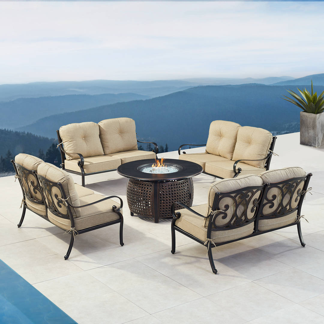 Black Aluminum Patio Fire Table Set with Four Deep Seating Loveseat with Cushions