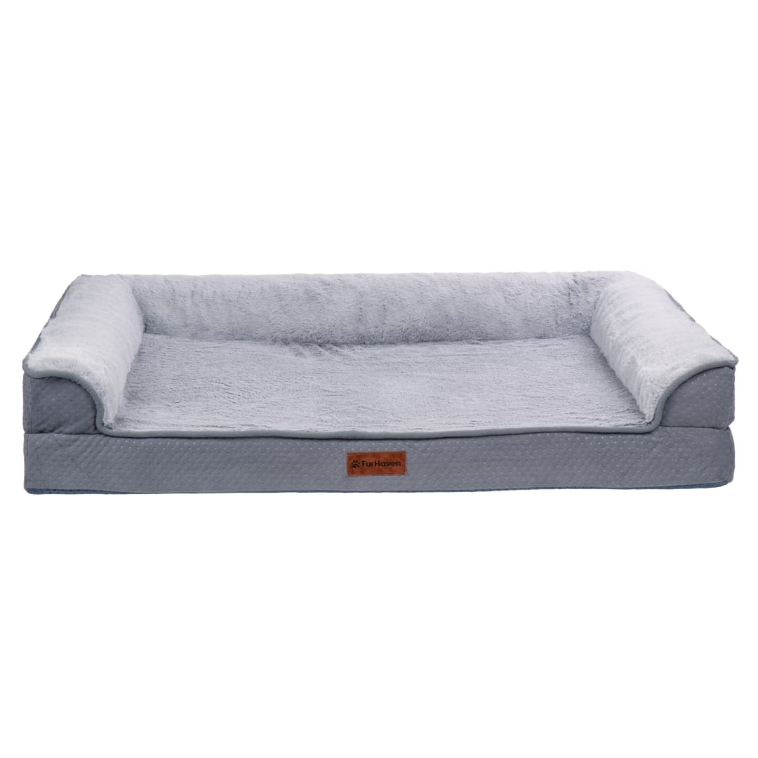 FurHaven Large (36"x27") Cooling Gel Dog Bed – Cool Gel Memory Foam Sofa Pet Bed, Embossed Velvet, Removable Washable Cover, Steel Blue
