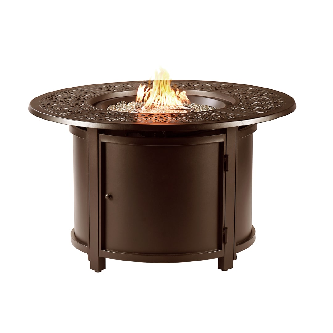 Round 44 in. x 44 in. Aluminum Propane Fire Pit Table with Glass Beads, Two Covers, Lid, 55,000 BTUs in Brown Finish