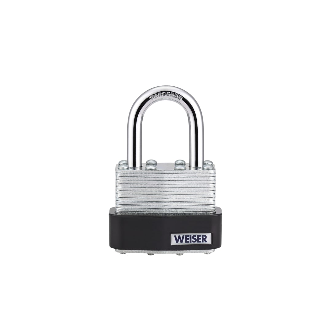 Weiser Laminated Steel Padlock with Hardened Steel Shackle, Outdoor Gate and Fence Lock, 1-3/4 in Body, 1-1/16 in Shackle, 1 Pack, Silver