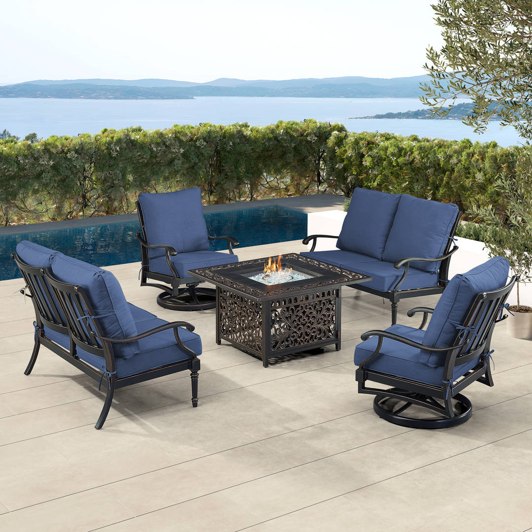Black Aluminum Patio Fire Table Set with Two Deep Seating Loveseat with Cushions and Two Club Chairs
