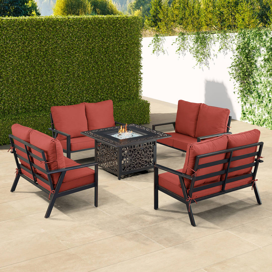 Black Aluminum Patio Fire Table Set with Four Deep Seating Loveseats with Cushions