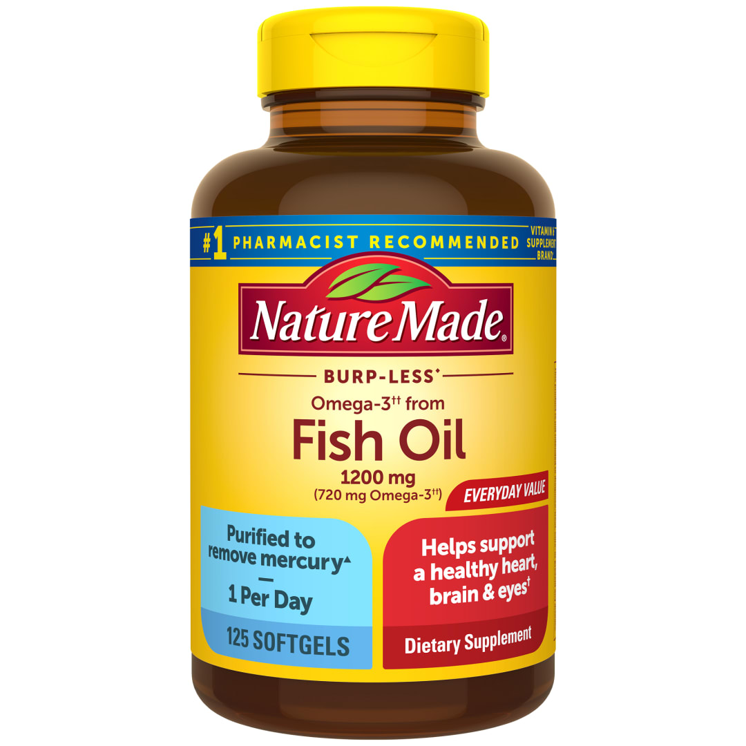Nature Made Burp Less Omega 3 Fish Oil 1200 mg, Fish Oil Supplements as Ethyl Esters, Omega 3 Fish Oil for Healthy Heart, Brain and Eyes Support, One Per Day, Omega 3 Supplement with 125 Softgels